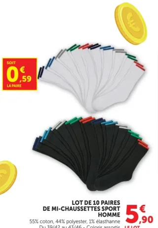 Lot de 10 paires de mi-chaussettes sport homme