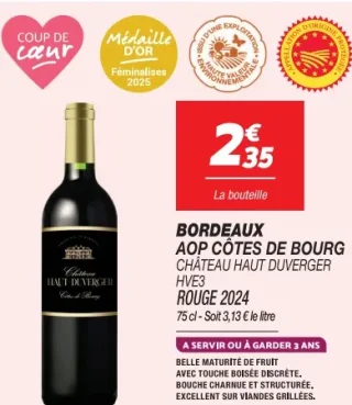 BORDEAUX AOP CÔTES DE BOURG CHÂTEAU HAUT DUVERGER HVE3 ROUGE 2024