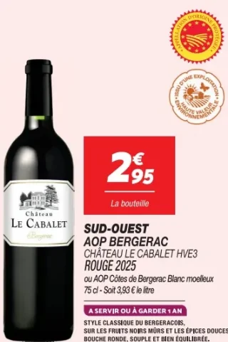 Sud-Ouest AOP Bergerac Château Le Cabalet HVE3 Rouge 2025