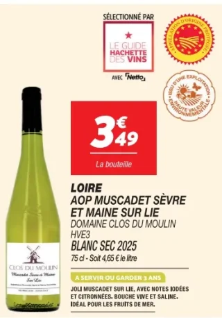 Loire AOP Muscadet Sèvre et Maine sur lie Domaine Clos du Moulin HVE3 Blanc Sec 2025