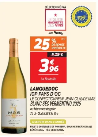 Languedoc IGP Pays d'Oc Le Confectionneur Jean-Claude Mas Blanc Sec Vermentino 2025 ou blanc sec viognier