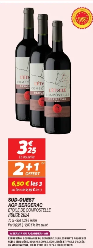 Vin rouge Sud-Ouest AOP Bergerac Étoile de Compostelle Rouge 2024