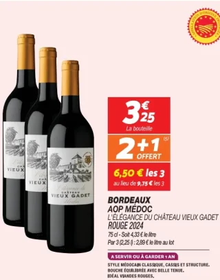 Vin rouge Bordeaux AOP Médoc L'Élégance du Château Vieux Gadet Rouge 2024