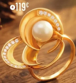 4. bague en plaqué or, doré à l'or fin, perle de culture et oxydes de zirconium, taille 54