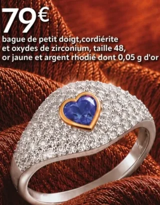 Bague de petit doigt, cordiérite et oxydes de zirconium, taille 48, or jaune et argent rhodié dont 0,05 g d'or