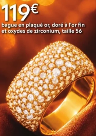 Bague en plaqué or, doré à l'or fin et oxydes de zirconium, taille 56