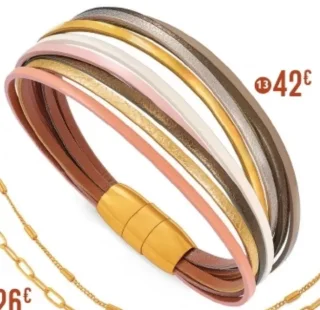Bracelet en acier doré, cuir de chèvre, vache et agneau, fermoir aimant le manège à bijoux