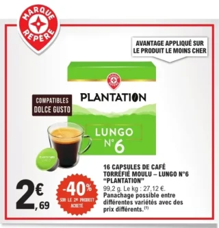 16 capsules de café torréfié moulu Lungo N°6 Plantation