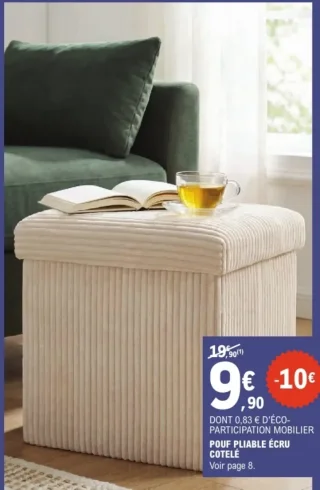 Pouf pliable écru côtelé