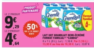 LAIT UHT GRANDLAIT DEMI-ÉCRÉMÉ FORMAT FAMILIAL CANDIA