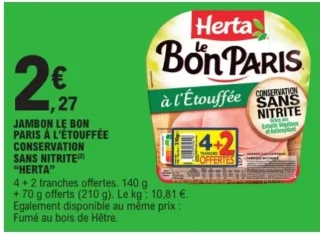 Jambon le bon Paris à l'étouffée conservation sans nitrite "Herta"