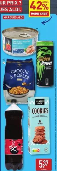 Sélection de 5 produits Marques ALDI : Filets de thon Golden Seafood, Energy drink Golden Power, Gnocchi à poêler Cucina, River Cola Zero, Cookies Trader Joe's