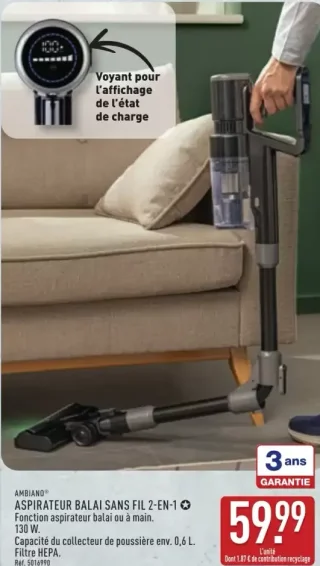 AMBIANO Aspirateur balai sans fil 2-en-1