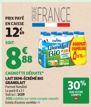 Lait demi-écrémé bio Grandlait Candia