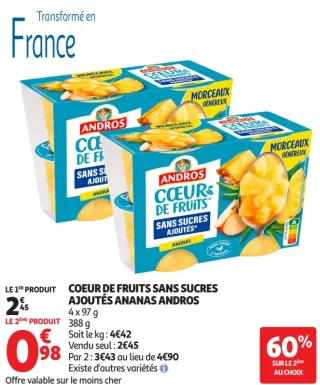 Coeur de fruits sans sucres ajoutés ananas Andros