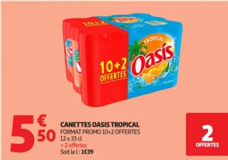 Canettes Oasis Tropical format promo 10+2 offertes