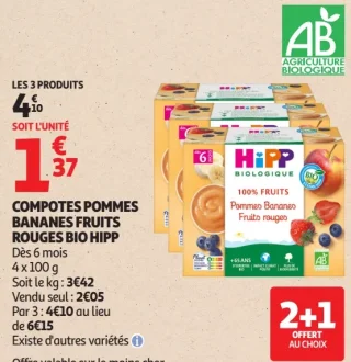 COMPOTES POMMES BANANES FRUITS ROUGES BIO HIPP
