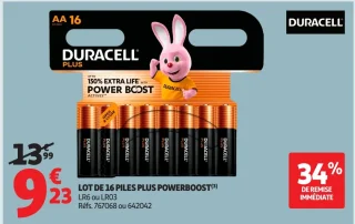 Lot de 16 piles Plus Powerboost LR6 ou LR03 Duracell