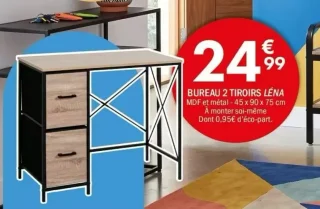Bureau 2 tiroirs Léna MDF et métal