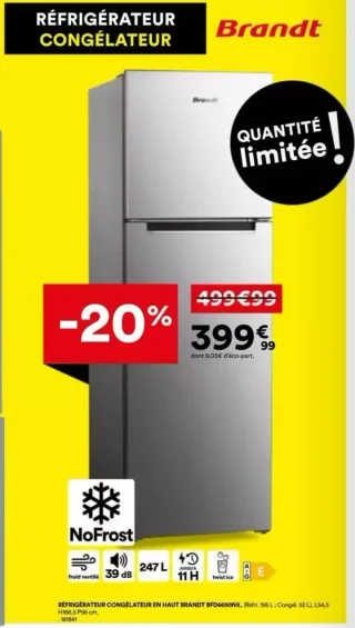 RÉFRIGÉRATEUR CONGÉLATEUR EN HAUT BRANDT BFD6650NX