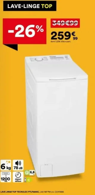 Lave-linge top Tecnolec PTLF6205C
