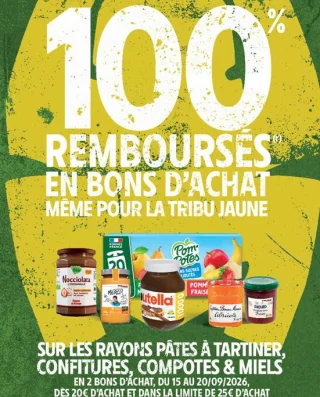 100% Remboursés en bons d'achat sur les rayons Pâtes à tartiner, Confitures, Compotes & Miels