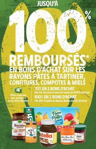 Rayons pâtes à tartiner, confitures, compotes & miels - Jusqu'à 100% remboursés en bons d'achat