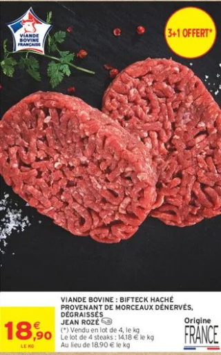 Viande Bovine : Bifteck haché provenant de morceaux dénervés, dégraissés Jean Rozé