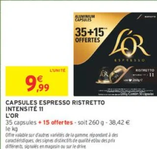 Capsules Espresso Ristretto Intensité 11 L'Or