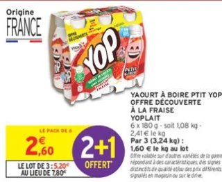 Yaourt à boire Ptit Yop à la fraise Offre Découverte Yoplait