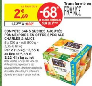 COMPOTE SANS SUCRES AJOUTÉS POMME/POIRE EN OFFRE SPÉCIALE CHARLES & ALICE