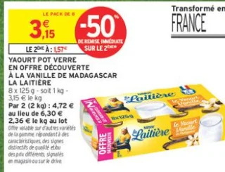 YAOURT POT VERRE EN OFFRE DÉCOUVERTE À LA VANILLE DE MADAGASCAR LA LAITIÈRE