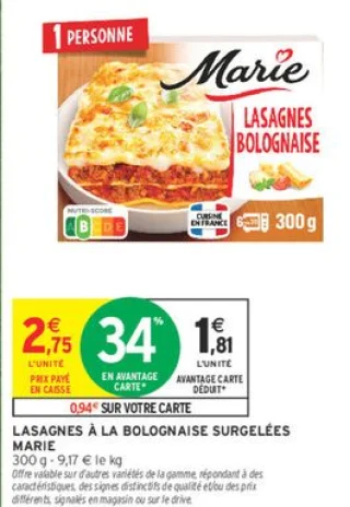 Lasagnes à la bolognaise surgelées Marie