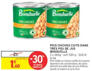 Pois chiches cuits dans très peu de jus Bonduelle