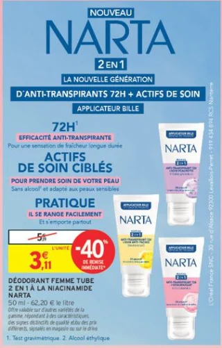 DÉODORANT FEMME TUBE 2 EN 1 À LA NIACINAMIDE NARTA