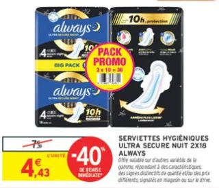 Serviettes Hygiéniques Ultra Secure Nuit 2X18 Always