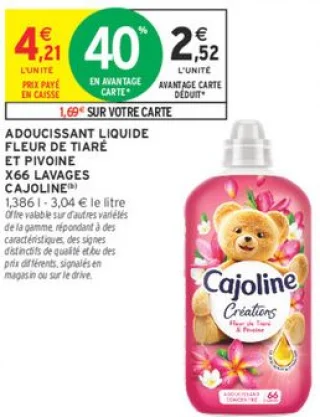 Adoucissant liquide Fleur de Tiaré et Pivoine X66 lavages Cajoline