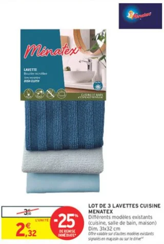 LOT DE 3 LAVETTES CUISINE MENATEX
