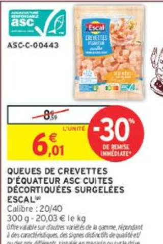 Queues de crevettes d'Équateur ASC cuites décortiquées surgelées Escal