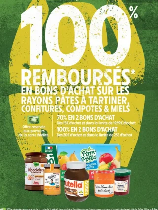 Jusqu'à 100% remboursés en bons d'achat sur les rayons pâtes à tartiner, confitures, compotes & miels