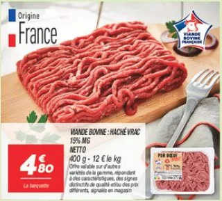Viande bovine : haché vrac 15% mg 