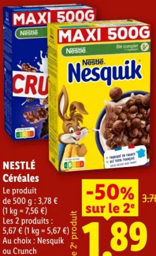 Céréales Nesquik ou Crunch Nestlé