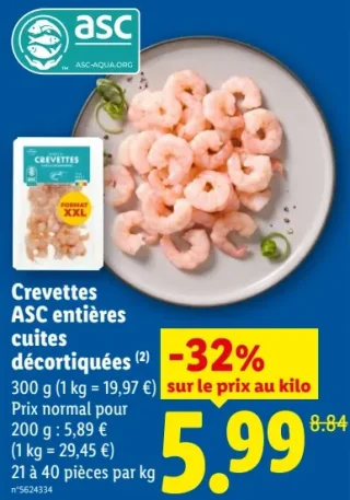 Crevettes ASC entières cuites décortiquées