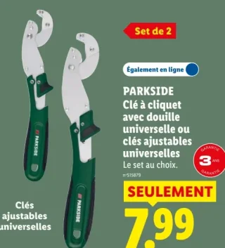PARKSIDE Clé à cliquet avec douille universelle ou clés ajustables universelles