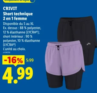 CRIVIT Short technique 2 en 1 femme