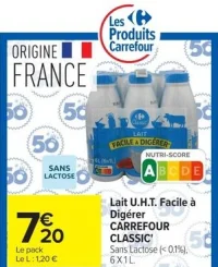 Lait U.H.T. Facile à Digérer CARREFOUR CLASSIC' Sans Lactose (<0,1%)