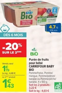Purée de fruits pour bébé CARREFOUR BABY BIO
