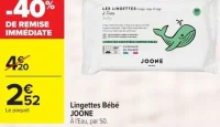Lingettes Bébé JOONE À l'Eau, par 50