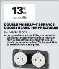 Double prise 2P+T surface dooxie blanc 16A précâblée Legrand