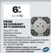 Prise de courant 2P+T surface Legrand
